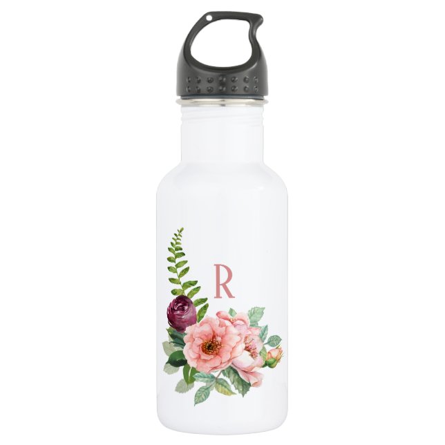 Rustic Roses and Fern with Monogram Stainless Steel Water Bottle (Front)