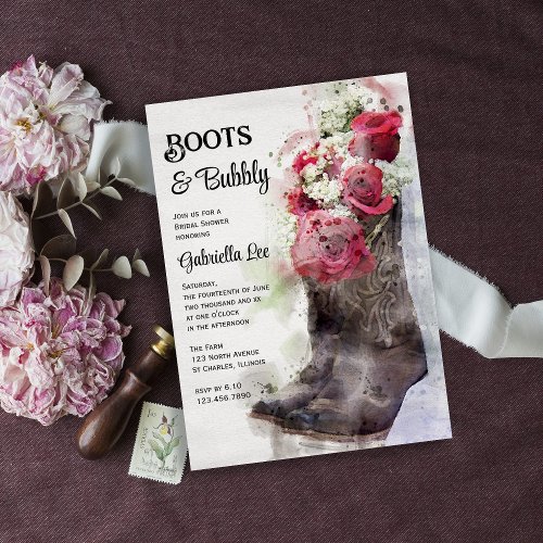Rustic Roses Boots  Bubbly Western Bridal Shower Invitation