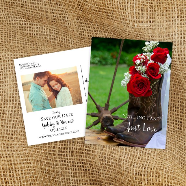 Rustic Roses Cowboy Boots Wedding Save the Date Announcement Postcard (Creator Uploaded)