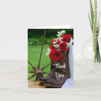 Rustic Roses Cowboy Boots Wedding Thank You Card