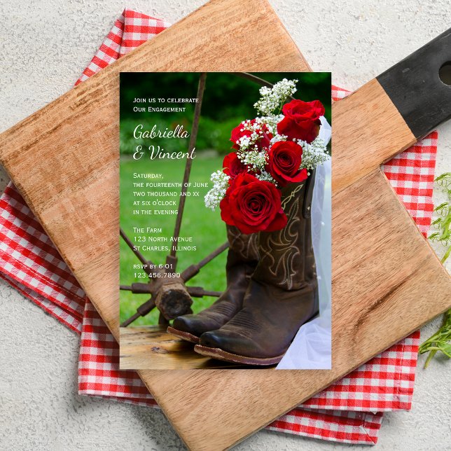 Rustic Roses Cowboy Boots Western Engagement Party Invitation (Creator Uploaded)