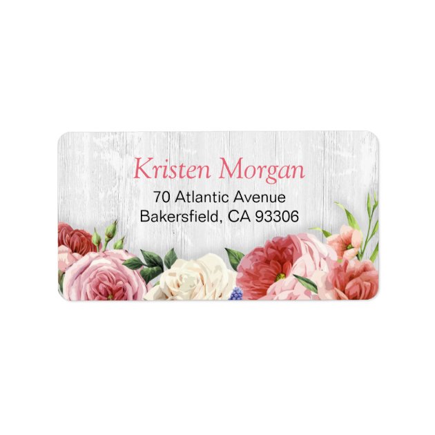 Rustic Roses Floral Pastel Chic White Wood Grain Label