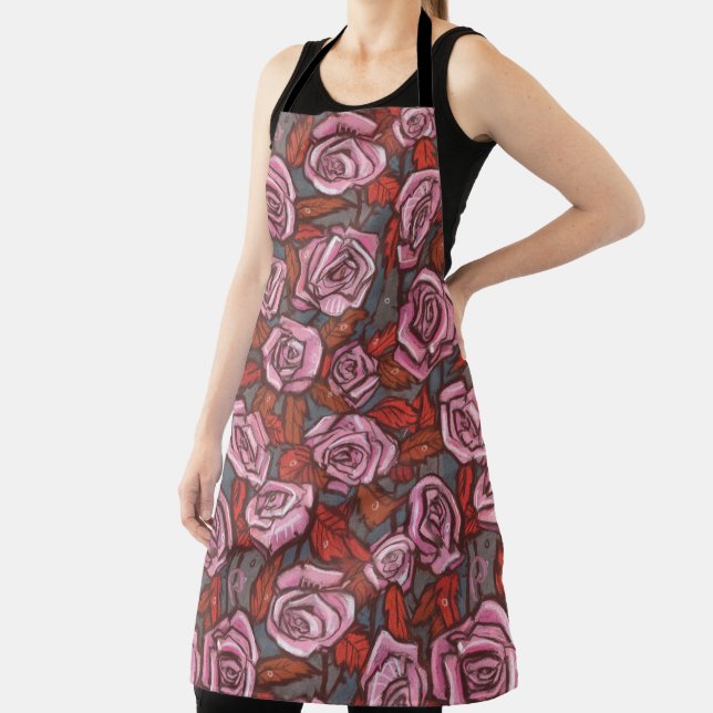Rustic Roses Floral Pattern Pink Orange Taupe Grey Apron (Insitu)
