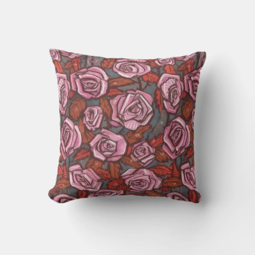 Rustic Roses Floral Pattern Pink Orange Taupe Grey Throw Pillow