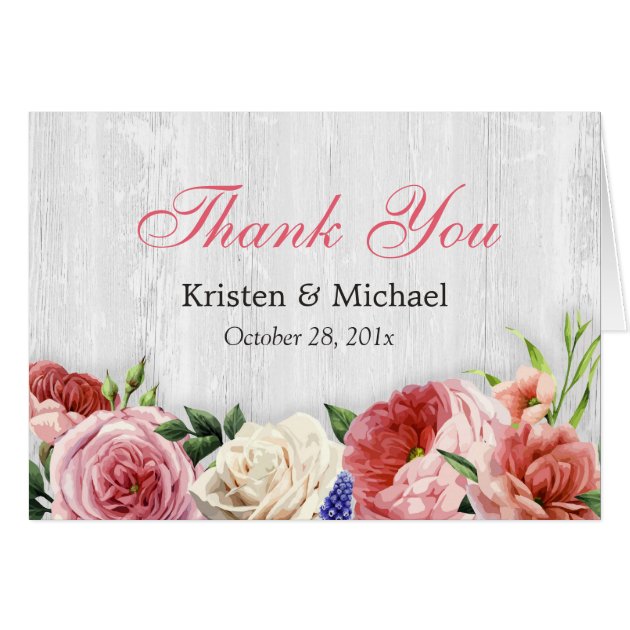 Rustic Roses Flowers Chic White Wood Thank You Card