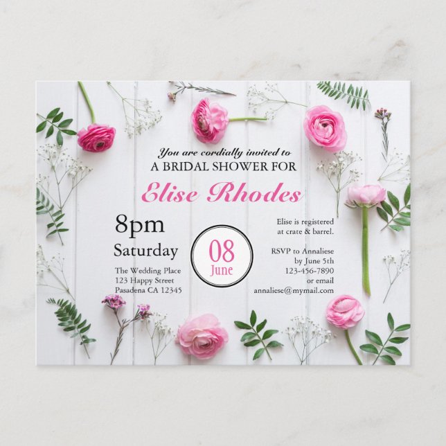 Rustic roses frame on white wood bridal shower invitation postcard (Front)