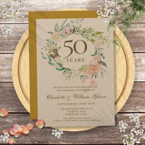 Rustic Roses Garland 50th Golden Anniversary Invitation