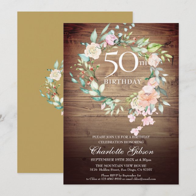 Rustic Roses Garland Monogram 50th Birthday Invitation (Front/Back)