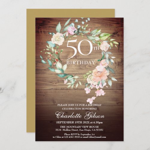 Rustic Roses Garland Monogram 50th Birthday Invitation