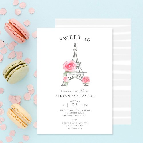 Rustic Roses Glitter Eiffel Paris Minimal Sweet 16 Invitation