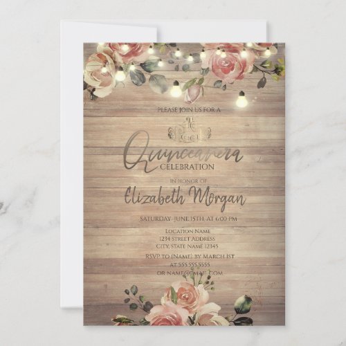 Rustic Roses LightsTiaraDiamonds Quinceaera Invitation