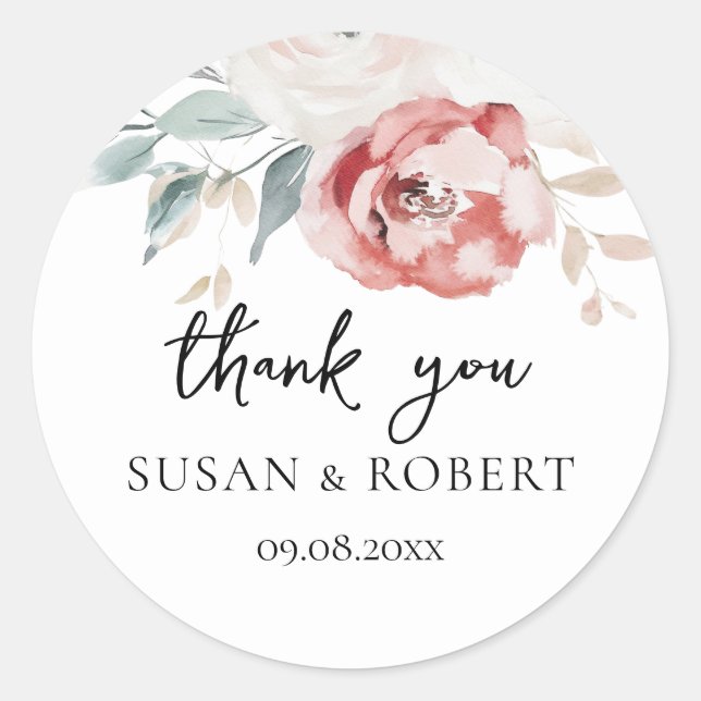Rustic Roses Minimalist Wedding Thank You Classic Round Sticker (Front)