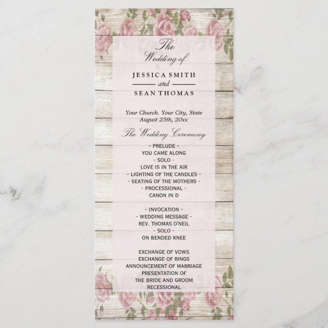 Rustic Roses On Wood Wedding Program (Front)