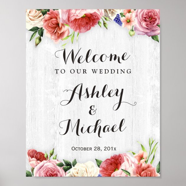 Rustic Roses White Wood Wedding Reception Sign