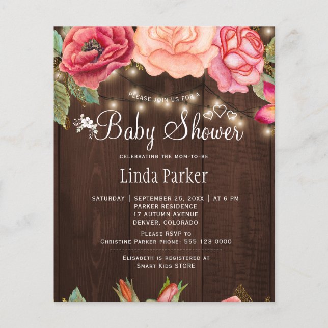 Rustic roses wood BUDGET baby shower invite (Front)