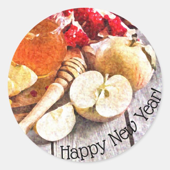 Rustic Rosh Hashanah Happy New Year Apples Honey Classic Round Sticker (Front)