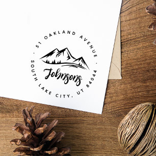 Rustic Round Mountains Pines Return Address Rubber Stamp
