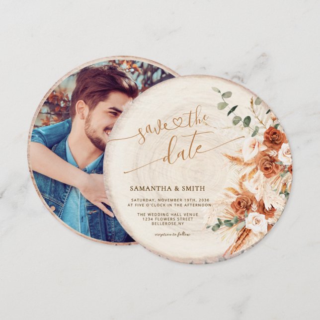 Rustic Round Wood Cut Grain Save the Date Card (Front/Back)