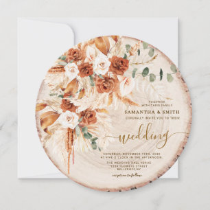 Rustic Round Wood Cut Grain Wedding Invitation