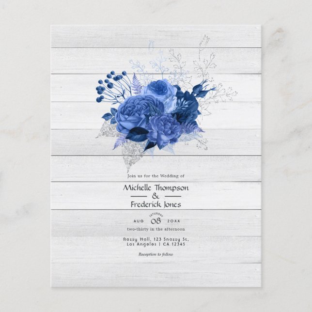 Rustic Royal Blue and Silver Floral Wedding Flyer (Front)