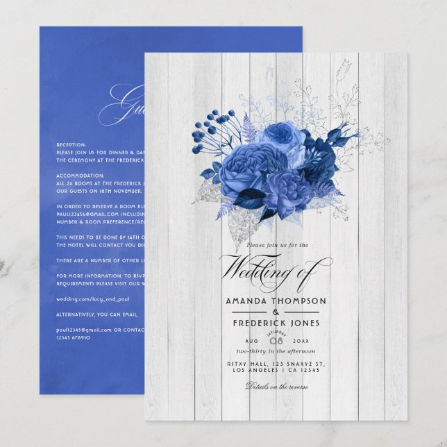 Rustic Royal Blue and Silver Floral Wedding Invitation (Front/Back)