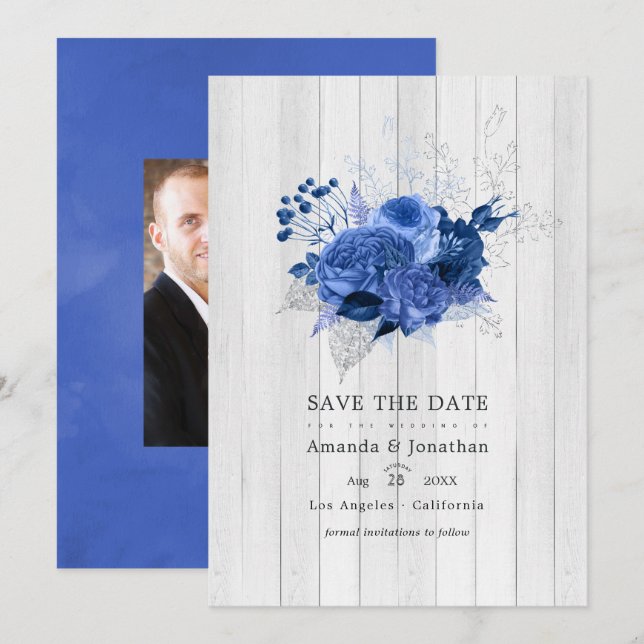 Rustic Royal Blue and Silver Floral Wedding Photo Save The Date (Front/Back)