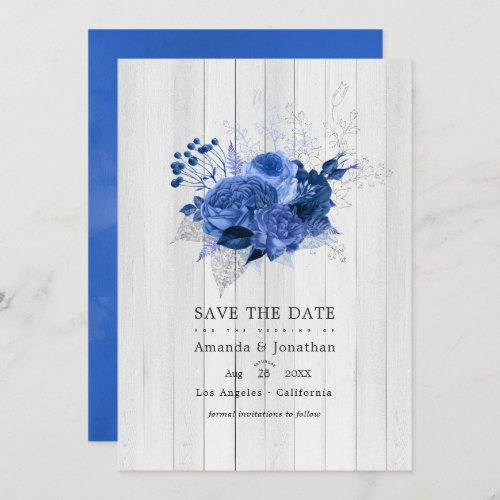 Rustic Royal Blue and Silver Floral Wedding Photo Save The Date