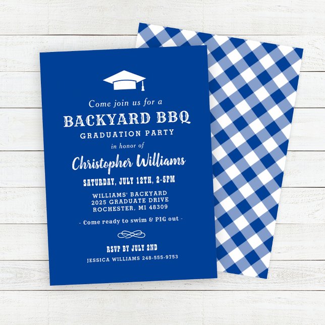 Rustic Royal Blue Backyard BBQ Graduation Party Invitation (Creator Uploaded)