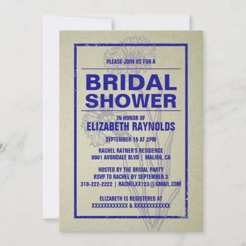 Rustic Royal Blue Bridal Shower Invitations