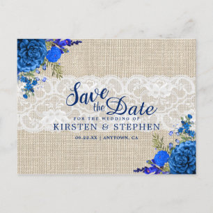 Rustic Royal Blue Floral Burlap Save the Date Announcement Postcard