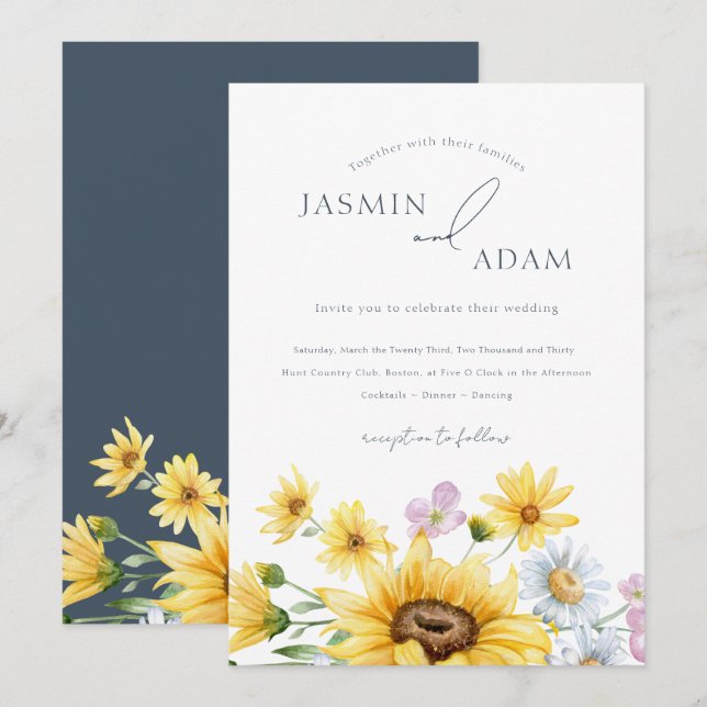 Rustic Royal Blue Opulence Sunflowers Wedding Invitation (Front/Back)