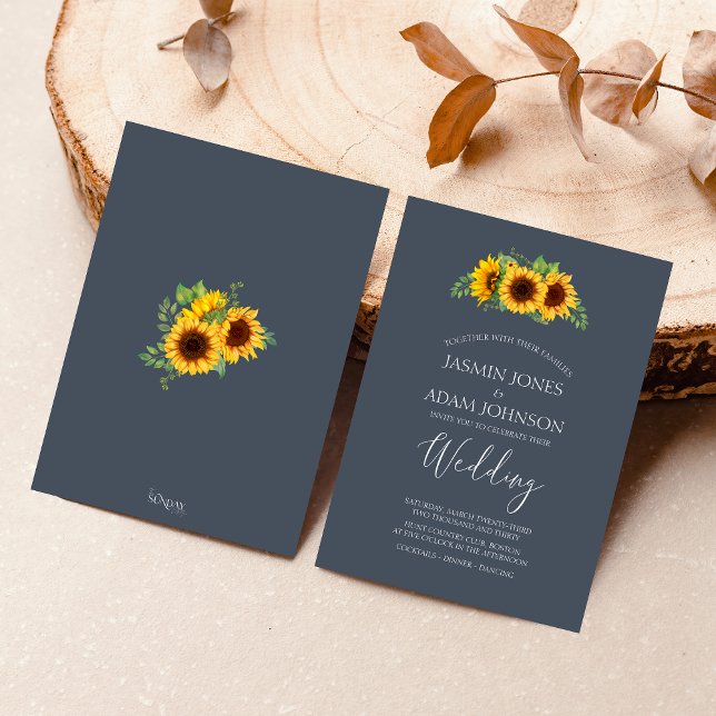 Rustic Royal Blue Sunflower Boho Wedding Invitation (Rustic Yellow and Navy Blue Sunflower Boho Wedding Invitation)