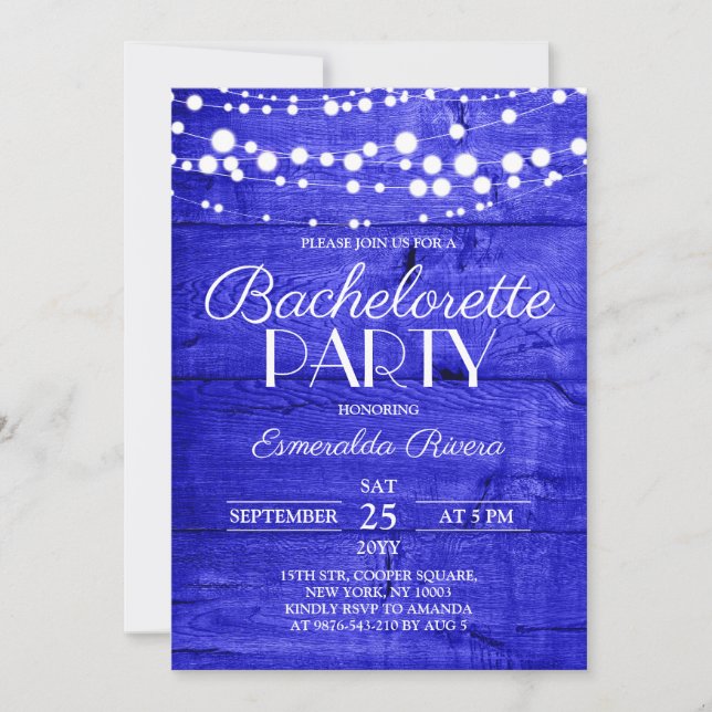 Rustic Royal Blue Wood Bachelorette Party Invitation (Front)