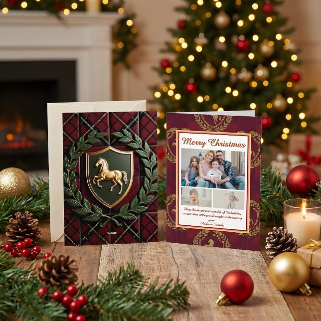 Rustic Royal Christmas Plaid 3 Photo Holiday Card (Creator Uploaded)