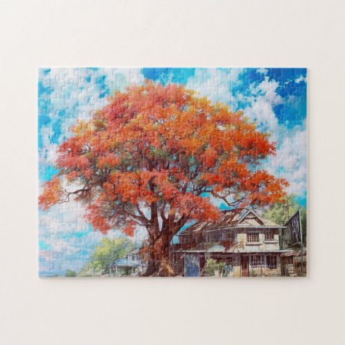 Rustic Royal Poinciana Tree in Bloom Watercolor Jigsaw Puzzle