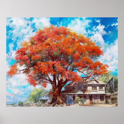 Rustic Royal Poinciana Tree in Bloom Watercolor Poster