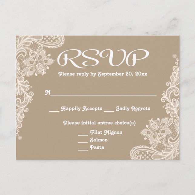 Rustic RSVP Floral Lace Brown & White Tan - Menu (Front)