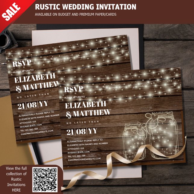 RUSTIC RSVP Mason Jars Strings Lights Budget Postcard (Creator Uploaded)