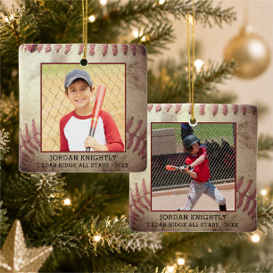 Rustic Rugged Baseball 1 or 2 Photo Personalized Ceramic Ornament