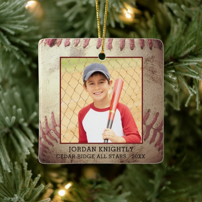 Rustic Rugged Baseball 1 or 2 Photo Personalized Ceramic Ornament (Tree)