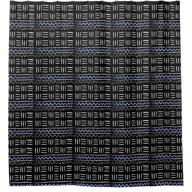 Rustic Rugged Black & Blue African Pattern Design Shower Curtain (Front)