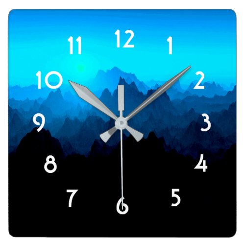 Rustic Rugged Blue Jagged Mountains Landscape Square Wall Clock