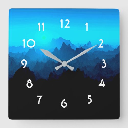Rustic Rugged Blue Jagged Mountains Landscape Square Wall Clock