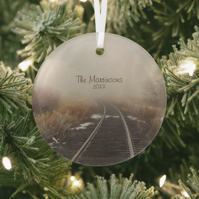 Rustic Rural Railroad Track Personalized Photo Glass Ornament (Insitu)