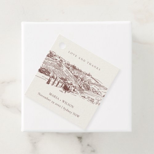 Rustic Rust Brown Winery Mountain Sketch Wedding Favor Tags