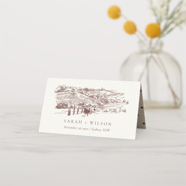 Rustic Rust Brown Winery Mountain Sketch Wedding Place Card (Front)