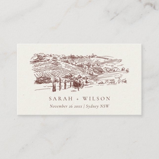 Rustic Rust Brown Winery Mountain Sketch Wedding Place Card (Front)