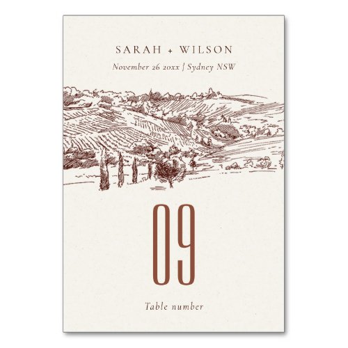 Rustic Rust Brown Winery Mountain Sketch Wedding Table Number