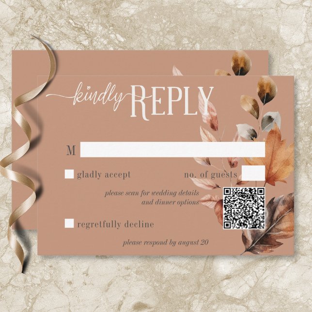 Rustic Rust Cream & Brown Fall Floral QR Code RSVP Card (Rustic Rust Cream & Brown Fall Floral QR Code RSVP Card)