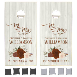 Rustic Rust Orange Boho Roses Mr. & Mrs. Wedding  Cornhole Set